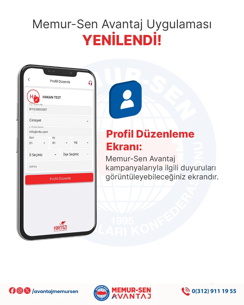 Sizlere daha iyi hizmet verebilmek için kendimizi yenilemeye devam ediyoruz. 

Profil Düzenleme Ekranı Yenilendi.

Uygulamanızı Güncelleyerek Profil Düzenleme Ekranındaki yeniliklere ulaşabilirsiniz. 

Bu alandaki bilgi kutucuklarına İl,ilçe,adres,e-posta,doğum tarihinizi vs.