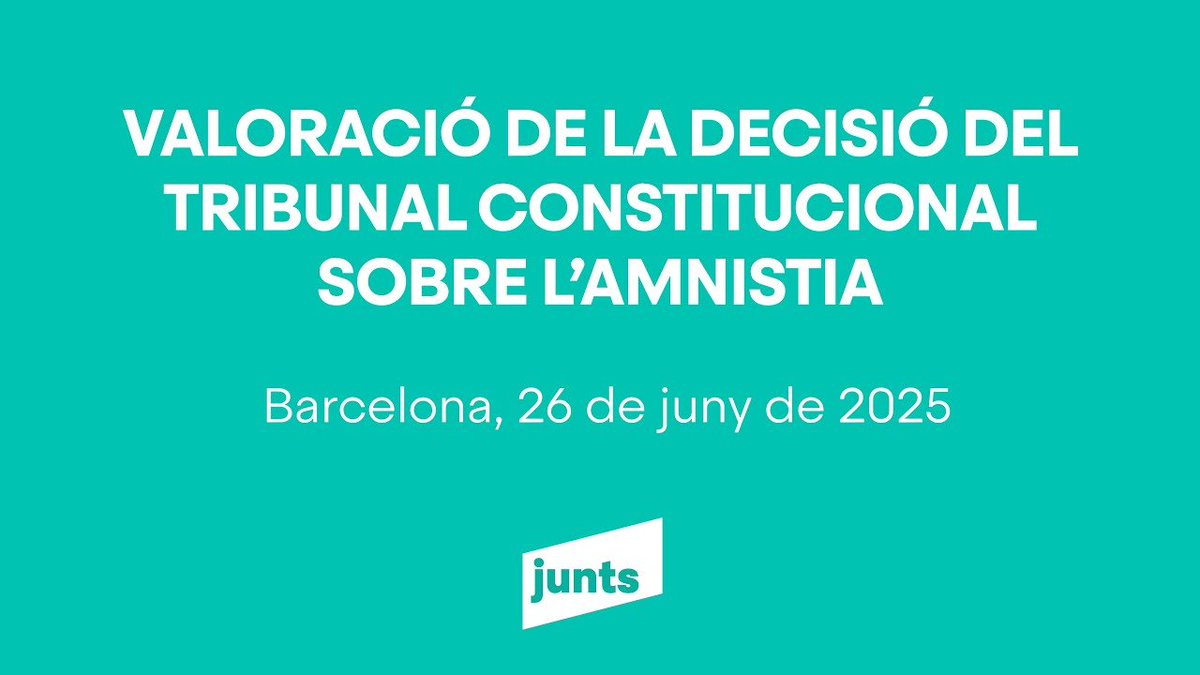 ▶️ A partir de les 13.00h, el secretari general de @JuntsxCat, <a href="/jorditurull/">Jordi Turull i Negre</a>, compareix en roda de premsa  per valorar la sentència del TC sobre la llei d'amnistia.

📌Segueix la roda de premsa en directe: youtube.com/watch?v=FElk0O…