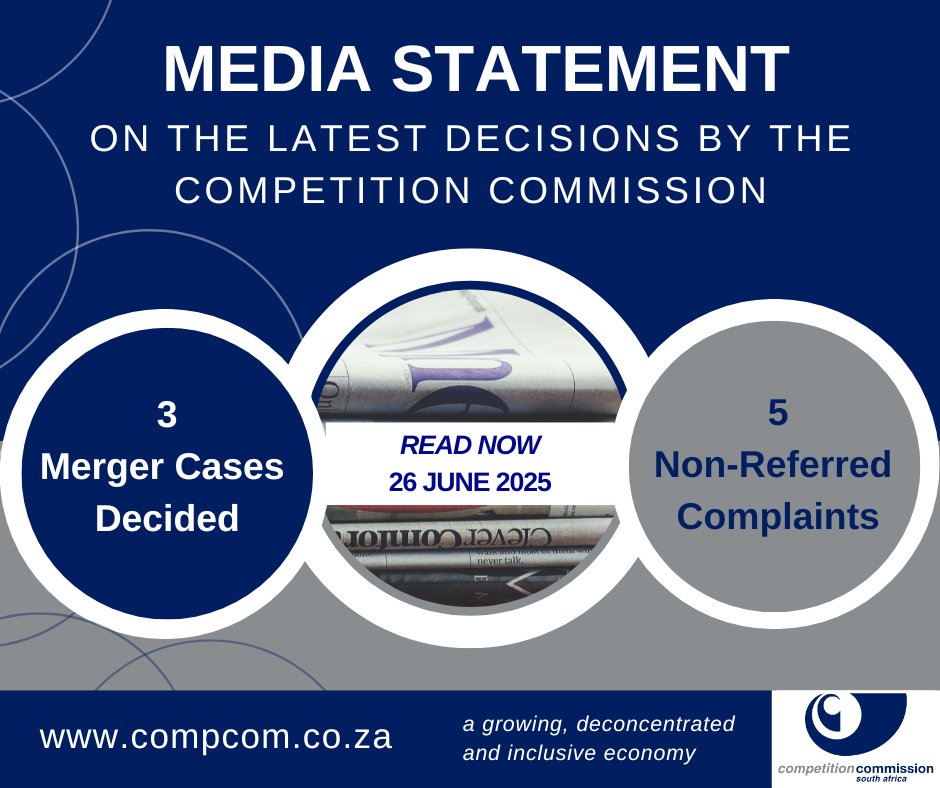 The Commission recently took decisions on matters that include complaints and mergers &amp; acquisitions in industries such as property, food services &amp; the grocery sector. For more information, read the media statement on our website at compcom.co.za/wp-content/upl… 

#mergersacquisitions