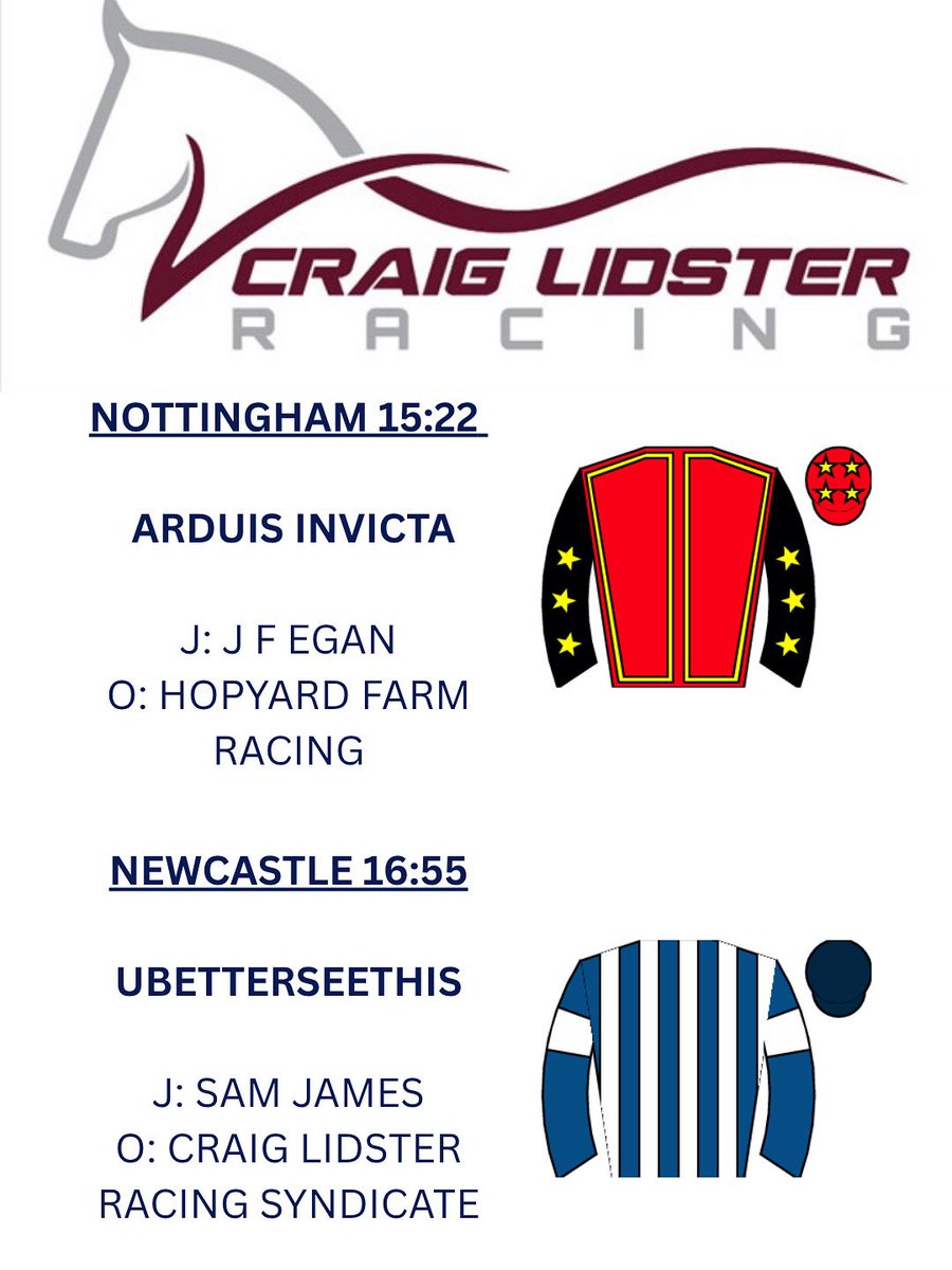 Craig Lidster Racing (@c_lidsterracing) on Twitter photo 2️⃣ Runners for the team today… 🐎
First up we have Arduis Invicta in the 15:22 6f <a href="/NottsRacecourse/">Nottingham Racecourse</a> for Hopyard Farm Racing. J F Egan takes the ride.
Next up we have Ubetterseethis for Craig Lidster Racing Syndicate owners <a href="/NewcastleRaces/">Newcastle Racecourse</a> for the 16:55 7f class 5 maiden with 2️⃣ Runners for the team today… 🐎
First up we have Arduis Invicta in the 15:22 6f <a href="/NottsRacecourse/">Nottingham Racecourse</a> for Hopyard Farm Racing. J F Egan takes the ride.
Next up we have Ubetterseethis for Craig Lidster Racing Syndicate owners <a href="/NewcastleRaces/">Newcastle Racecourse</a> for the 16:55 7f class 5 maiden with