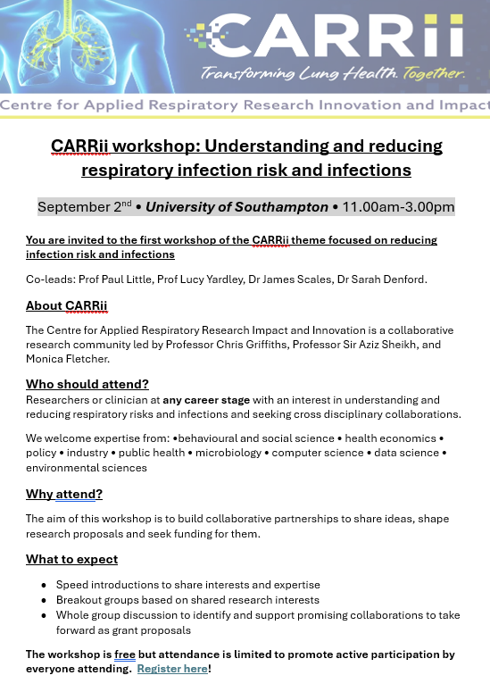 HPRU_EBS's tweet image. 📢New event!📢
Get your ticket now for the:
🎫CARRii workshop: Understanding and reducing respiratory infection risk and infections
2 Sep 11-3pm
📍@unisouthampton
More info▶️ bit.ly/3HXNvDQ
Register ▶️ bit.ly/3IesZPi