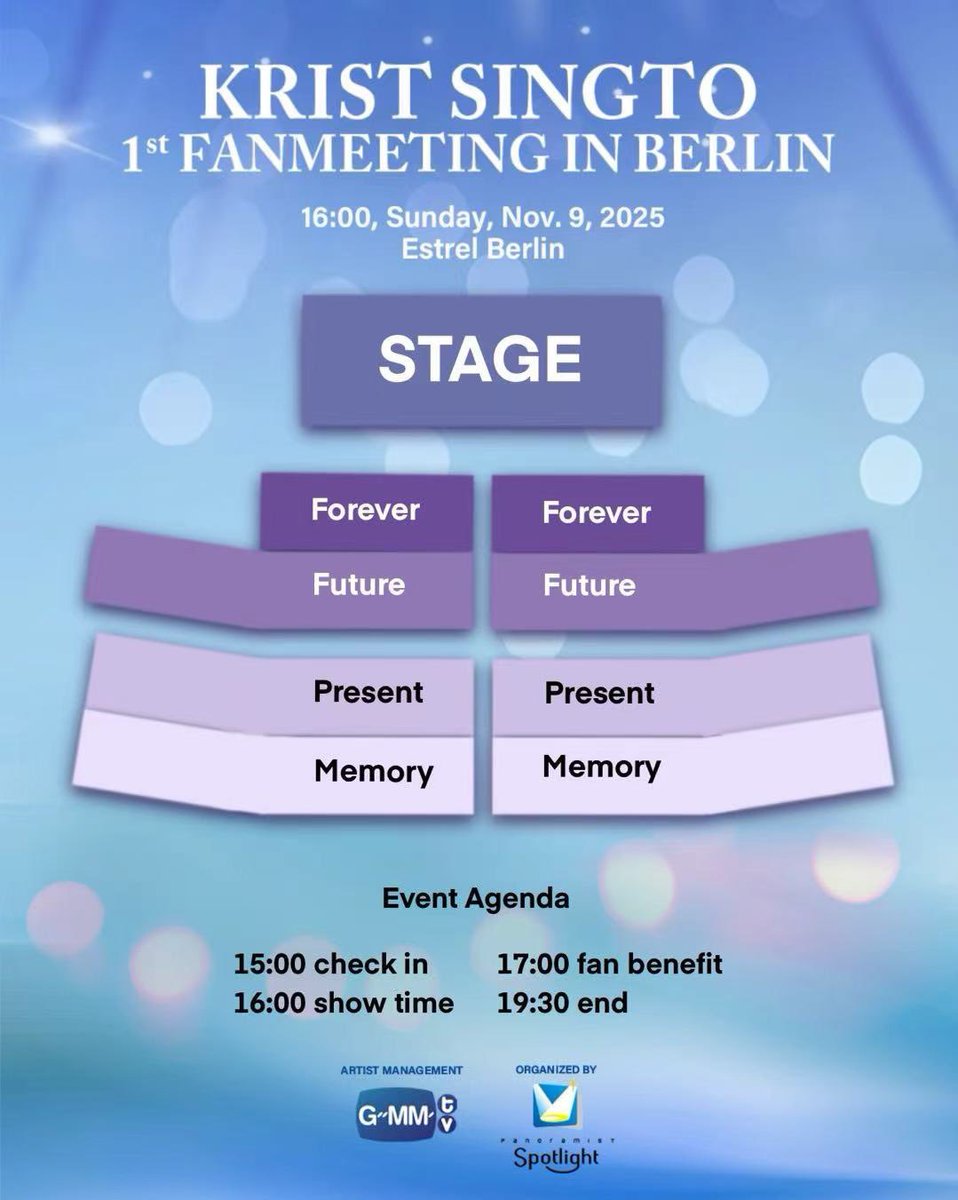 GMMTV's tweet photo. 🔔Fan alert: KristSingto 1st Fan Meeting in Berlin
As autumn fades and winter stirs, 
Light up the season the way we used to -
With loud laughter, warm hug 
Reminisce music, unforgettable stories
Waiting for this legendary moment for so long,
To meet with #KristSingto and 
Celebrate the magic of time 

⏰ 16:00 Berlin
📅  Sunday, November 9, 2025
📍  Estrel Berlin
💶 437 (Forever); 310 (Future); 200 (Present); 90 (Memory)
🎟️ sales start: 10:00 (Berlin) Saturday, July 5 (ticking link provided soon) 

#KS1stFMBerlin
#KristSingto
#GMMTV
@kristtps @stjinx_maya
