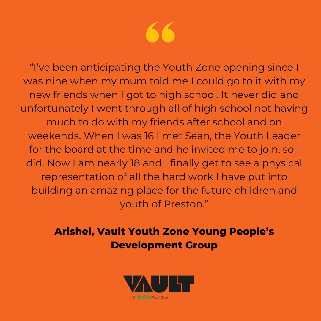 VaultYouthZone's tweet image. As it's one year since we broke ground on Vault Youth Zone, we asked members of our Young Person's Development Group to share what this means to them.
#YouthZone #vaultyouthzone #preston #prestonlancashire #YouthVoice #prestonyouth #YouthEmpowerment #prestonyoungpeople