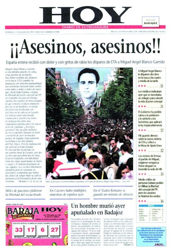 🗞️ 13 de julio de 1997. Cuando España despertó rota.

Aquella mañana, las portadas de los periódicos no solo informaban.
Lloraban. Gritaban. Abrazaban el dolor de un país entero que no había perdido solo a un joven concejal, sino algo más profundo: la inocencia de creer que el