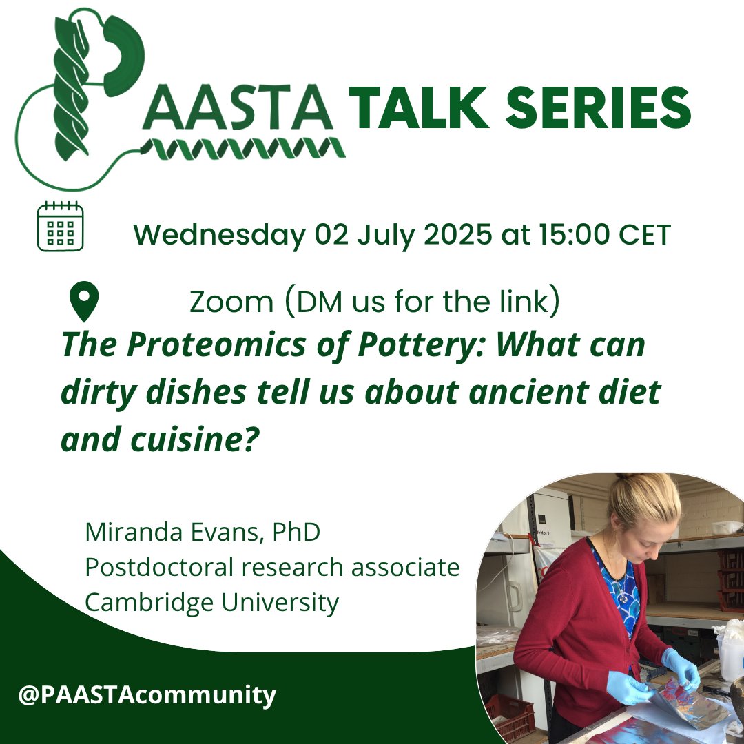 paastacommunity's tweet image. 🍝Our next PAASTA Seminar Series talk will be next week Wednesday 02 July at 15:00 CET! 🍝
Miranda Evans will be presenting "The Proteomics of Pottery: What can dirty dishes tell us about ancient diet and cuisine?"
As always, DM us for the Zoom link to join!