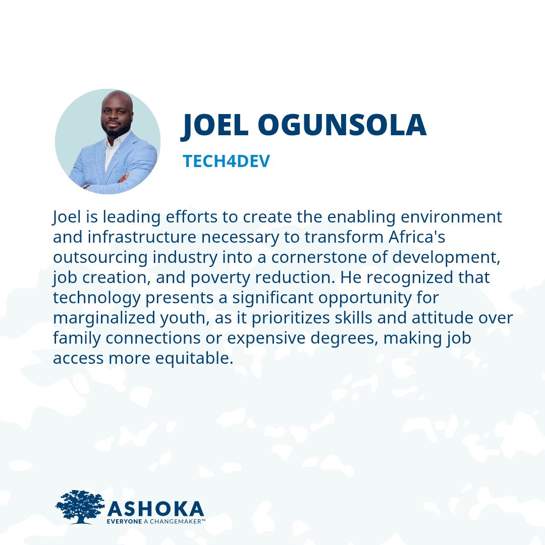 💻 New Fellow Alert: <a href="/JoelOgunsola/">Joel Ogunsola</a> is transforming youth employment through @tech4dev by building a thriving digital outsourcing ecosystem that prioritises skills over status &amp; opens doors for marginalised youth across Nigeria

#AshokaFellow #SystemsChange #EveryoneAChangemaker
