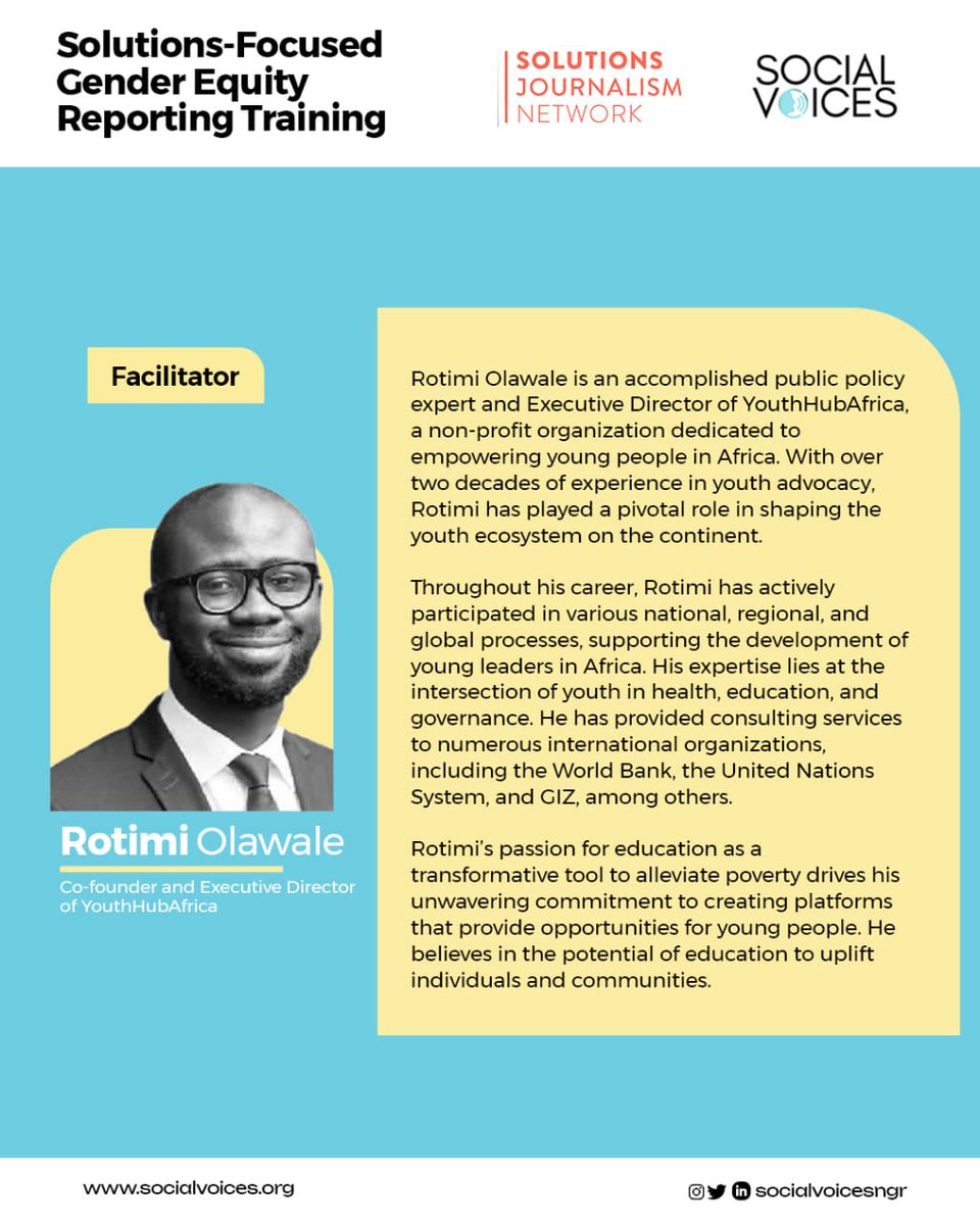 Social Voices (@socialvoicesngr) on Twitter photo Today at #GERT, we’re joined by <a href="/rotexonline/">Rotimi Olawale</a>, Executive Director of <a href="/youthhubafrica/">youthhubafrica</a>. With 20+ years in youth advocacy, he’ll share how education and storytelling can equip men and boys to take meaningful action in gender equality. Today at #GERT, we’re joined by <a href="/rotexonline/">Rotimi Olawale</a>, Executive Director of <a href="/youthhubafrica/">youthhubafrica</a>. With 20+ years in youth advocacy, he’ll share how education and storytelling can equip men and boys to take meaningful action in gender equality.