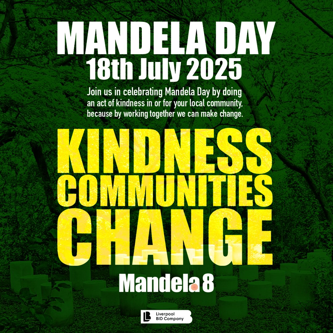 🕊️ ACTS OF KINDNESS 🕊️

Join us in celebrating Mandela Day by doing an act of kindness in or for your local community.

Because by working together we can make change.

With thanks to our partners, Liverpool BID Company.

#MandelaDay #Mandela8 #Liverpool