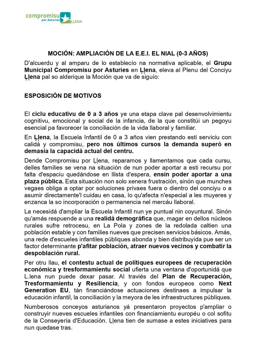 CompromisuLlena's tweet photo. 👀Moción rexistrada tamién el pasáu 23 de xunu: L'AMPLIACIÓN DE LA EEI 0-3 #ElNial
👉Alta demanda nos trés últimos cursos 🔝
👉Conciliación 🚧
👉Afitar población🎯
👉Tresporte como les demás etapes 🚌#Ḷḷena 
💻💻https://t.co/61n9MqSwAC https://t.co/yyDhktk17O