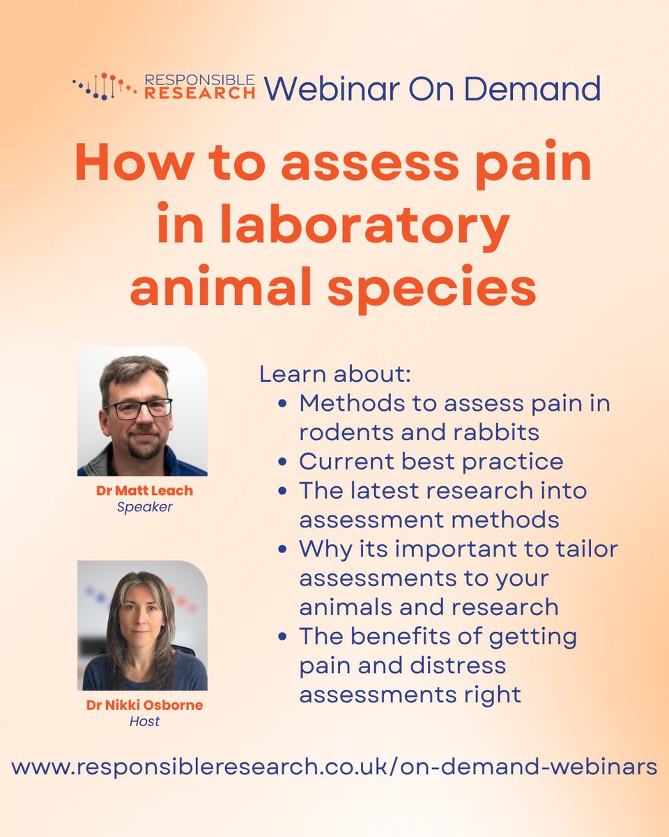 Missed our webinar? It’s now available on demand!
Dr. Matt Leach shares an evidence-based approach to pain assessment in lab animals (rodents &amp; rabbits).

Watch now: responsibleresearch.co.uk/event-details/…
#3Rs #LabAnimals #PainAssessment