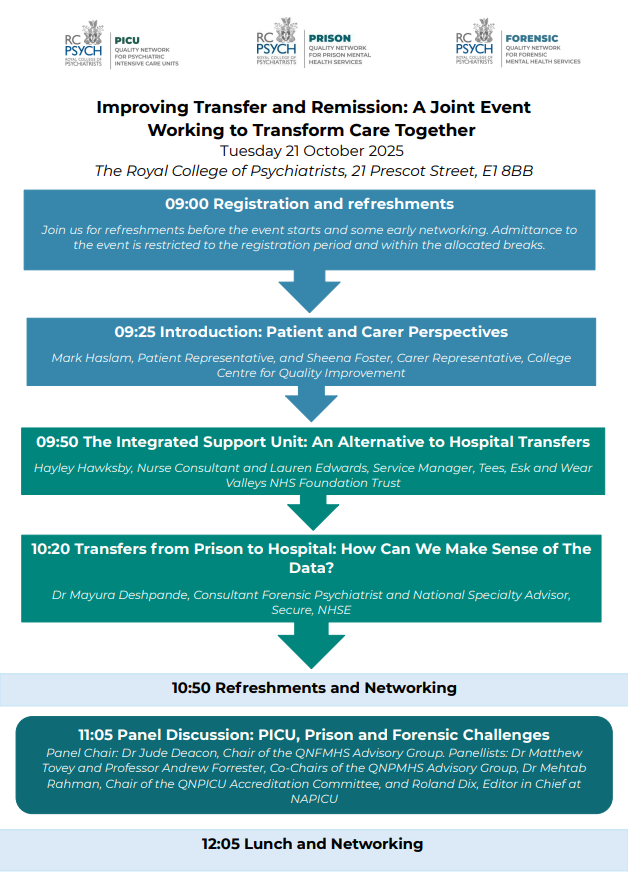 rcpsychCCQI's tweet photo. 📢 Draft Programme Now Available!
The @rcpsychQNPMHS @rcpsychQNPICU and QNFMHS teams are hosting a joint event on 'Improving Transfer and Remission' on 21 October 2025.

👋We have an exciting line up of speakers prepared for you! 
🔗Sign up here: https://t.co/jajAvCIWAk https://t.co/t5lME89ias