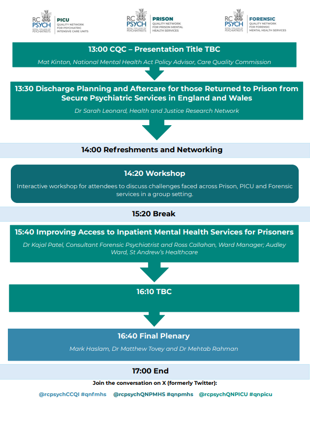 RCPsych CCQI (@rcpsychccqi) on Twitter photo 📢 Draft Programme Now Available!
The <a href="/rcpsychQNPMHS/">Quality Network for Prison Mental Health Services</a> <a href="/rcpsychQNPICU/">Quality Network for PICUs</a> and QNFMHS teams are hosting a joint event on 'Improving Transfer and Remission' on 21 October 2025.
👋We have an exciting line up of speakers prepared for you!
🔗Sign up here: bit.ly/43f33vG 📢 Draft Programme Now Available!
The <a href="/rcpsychQNPMHS/">Quality Network for Prison Mental Health Services</a> <a href="/rcpsychQNPICU/">Quality Network for PICUs</a> and QNFMHS teams are hosting a joint event on 'Improving Transfer and Remission' on 21 October 2025.
👋We have an exciting line up of speakers prepared for you!
🔗Sign up here: bit.ly/43f33vG