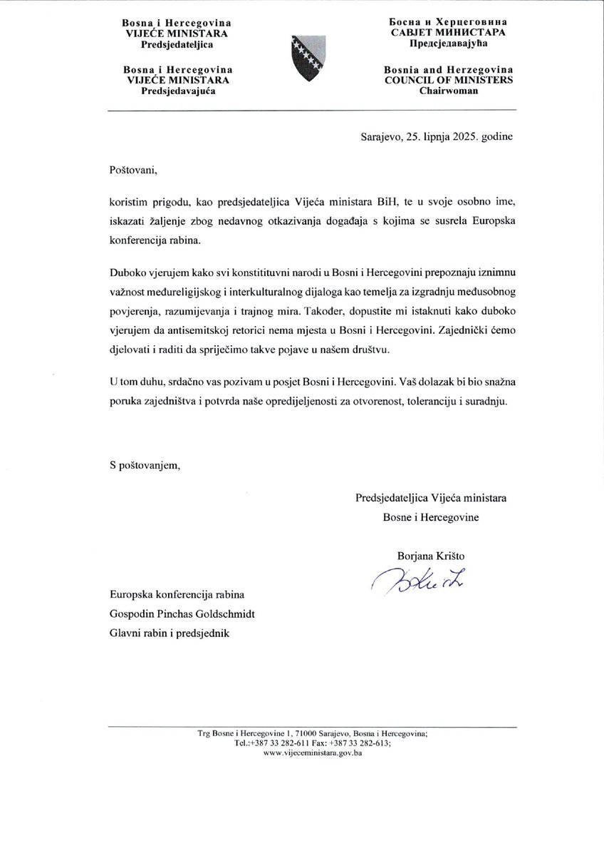 europeanrabbis's tweet image. @EuropeanRabbis thanks Chairwoman @KristoBorjana and the Council of Ministers of #Bosnia and Herzegovina for their principled response and gracious invitation after the cancellation of our #Sarajevo event. 🇧🇦✡️
A powerful stand for dialogue and dignity!