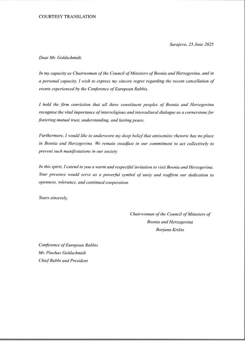 europeanrabbis's tweet image. @EuropeanRabbis thanks Chairwoman @KristoBorjana and the Council of Ministers of #Bosnia and Herzegovina for their principled response and gracious invitation after the cancellation of our #Sarajevo event. 🇧🇦✡️
A powerful stand for dialogue and dignity!