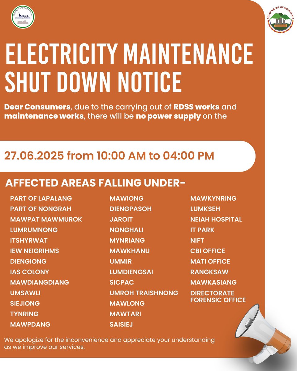 CMD_MeECL's tweet image. Dear Consumers,

Please be informed that due to carrying out of maintenance works, there will be a scheduled power shutdown on:

27th June 2025
10:00 AM to 04:00 PM

We sincerely apologize for the inconvenience caused

Thank you

#PowerShutdown #MaintenanceWork #PublicNotice