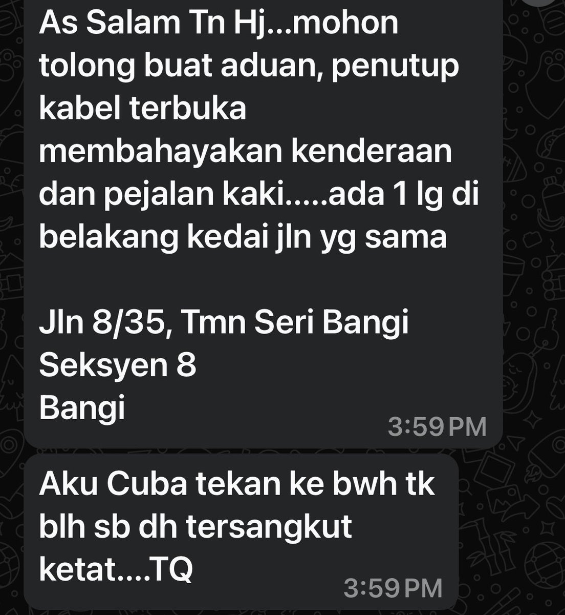 THJMazlan's tweet photo. Mohon Telekom (M) segerakan untuk menutup Main-Hole tersebut demi keselamatan Pengguna https://t.co/wjPDm8wADG