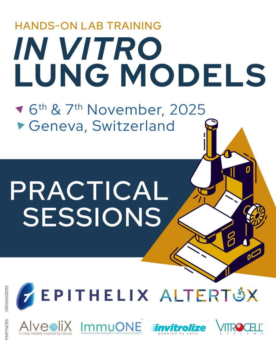 AltertoxAcademy's tweet image. 🔬 Epithelix Hands-On Lab Training: In vitro Lung Models  
Ready to get hands-on? 👉 Swipe  to discover what each practical session will cover.  

📍 Geneva | 🗓️ Nov 6–7, 2025 
🎟️ Register here → loom.ly/YoGkOeA
#InVitroModels 
#LungModels 
#AltertoxTraining
