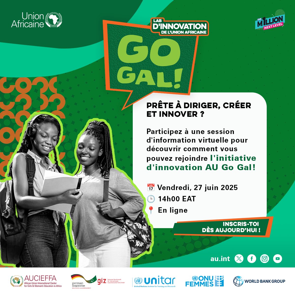 AUYouthProgram's tweet image. 🚨 Session d'info AU Go Gal ! 🚨
Jeunes femmes africaines (15-25) ! Prêtes à innover ? Découvrez l'Initiative d'innovation AU Go Gal ! Relevez les défis de l'Afrique !
🗓️ Ven. 27 juin, 14h00 EAT
🗣️ EN/FR
🔗 Participez : shorturl.at/E0O6B