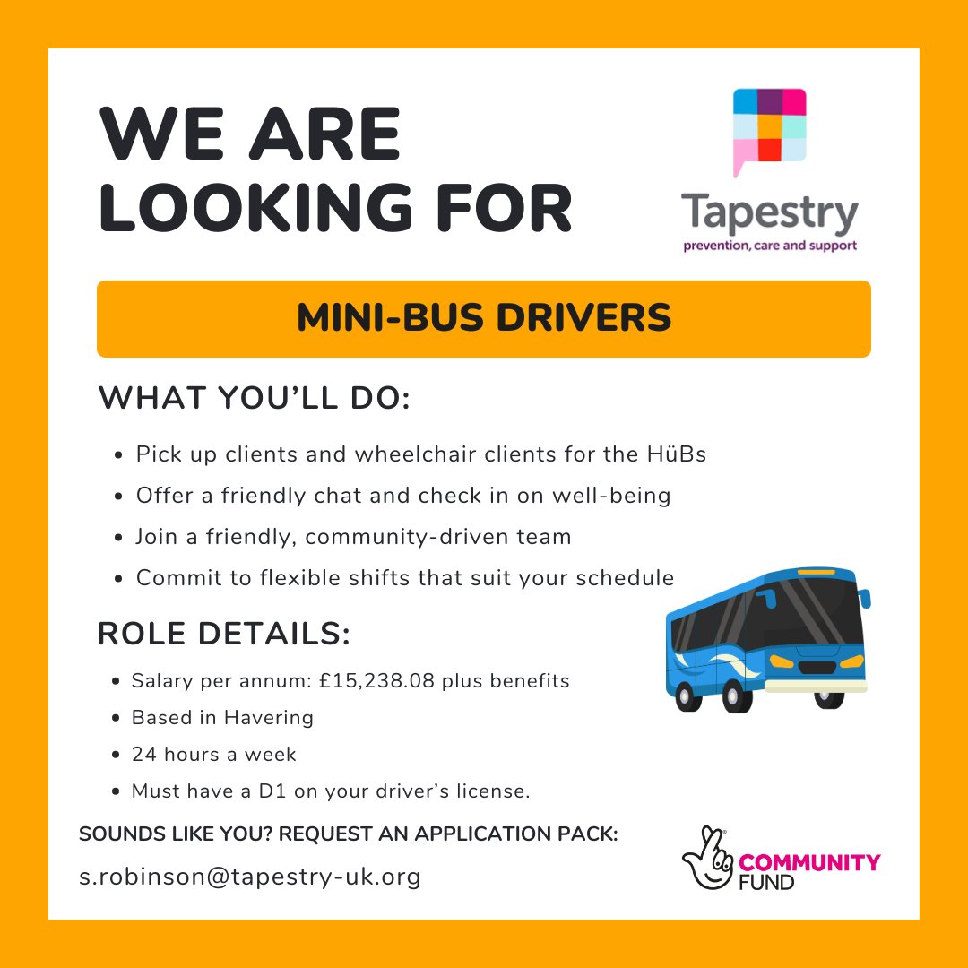 🚐 We're hiring Mini-Bus Drivers in Havering!

Help transport clients (incl. wheelchair users) to/from our day-centres (HuBs).

📩 s.robinson@tapestry-uk.org

#HaveringJobs #JobsNearMe #MiniBusDriver #CommunityTransport #SupportYourCommunity #EssexJobs