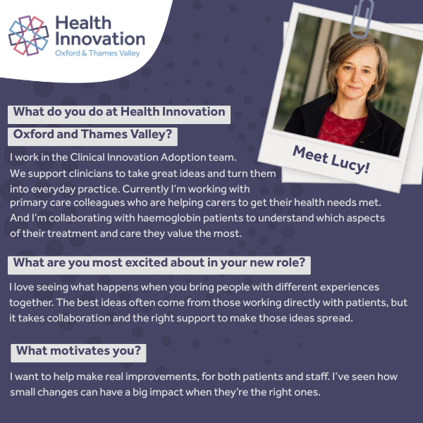 Health Innovation Oxford & Thames Valley (@healthinnovox) on Twitter photo Meet Lucy, our recent starter helping great ideas become real-world improvements. From carer health to haemoglobin care, Lucy is already making change happen. Follow us to meet more of the people behind the progress. Meet Lucy, our recent starter helping great ideas become real-world improvements. From carer health to haemoglobin care, Lucy is already making change happen. Follow us to meet more of the people behind the progress.