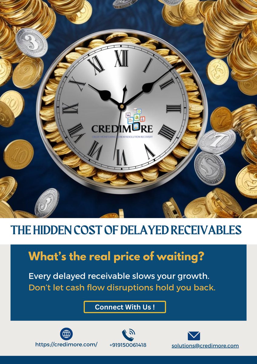 credimore's tweet photo. Every delayed receivable hinders growth and causes cash flow disruptions for businesses, especially SMEs. 
Credimore helps address these issues to prevent them from holding your business back. #MSME #receivables #cashflow https://t.co/ObUO9pgzJ9