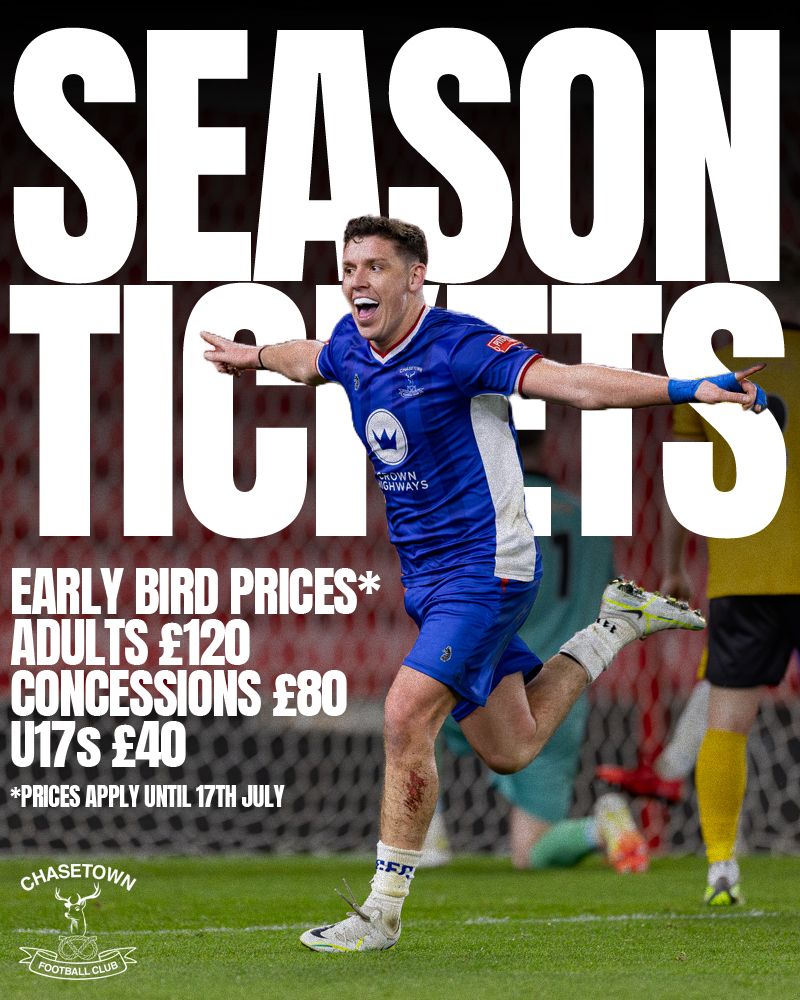 🎟️A reminder that season tickets for the 2025/26 campaign are now on sale. Take advantage of our Early Bird Discount – available for a limited time.

Follow the link for full details 👇

chasetownfc.co.uk/news/202526-se…