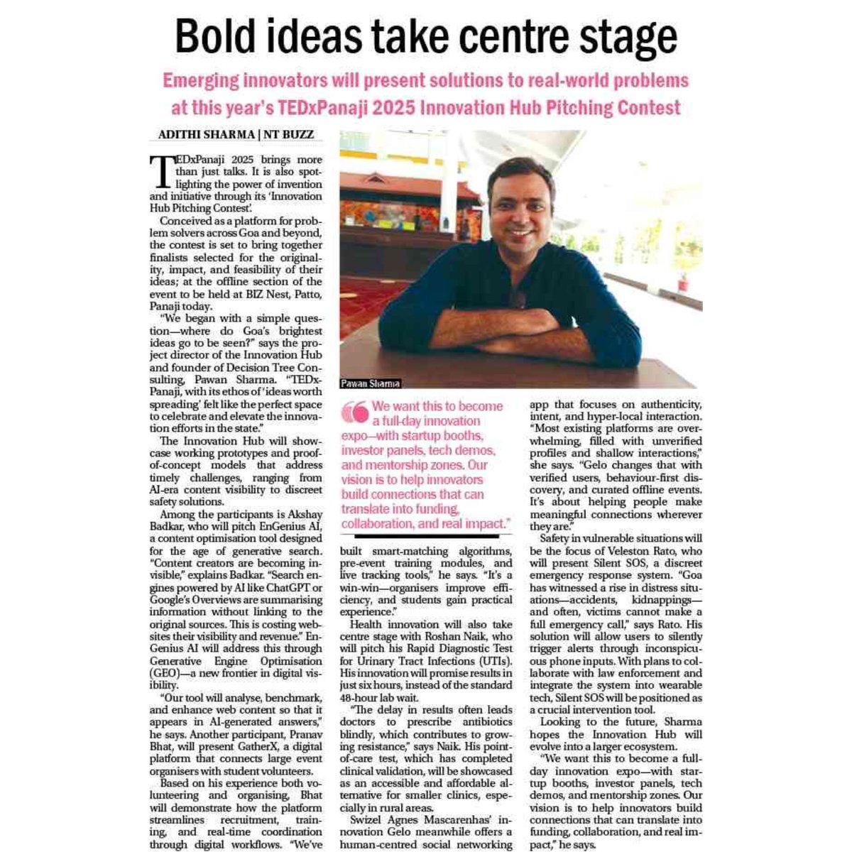 Navhind_Times's tweet image. Emerging innovators will present solutions to real-world problems at this year's TEDxPanaji 2025 Innovation Hub Pitching Contest... Read more in The Navhind Times (Buzz) today!
#Innovators #solutionchallenge #InnovationHub #NavhindTimes
