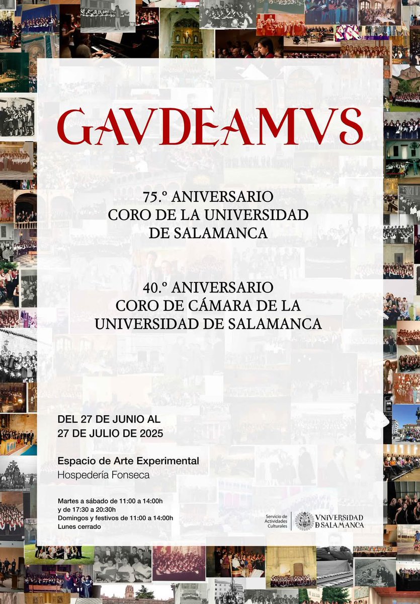 🎶Sorpresa de Aniversario🎶

Hoy Jueves 26 de junio se inaugura oficialmente 
”Gaudeamus”, la exposición especial en homenaje a los 75 años del Coro Universitario de Salamanca y 40 años de su “hermano”, el Coro de Cámara de la Universidad.