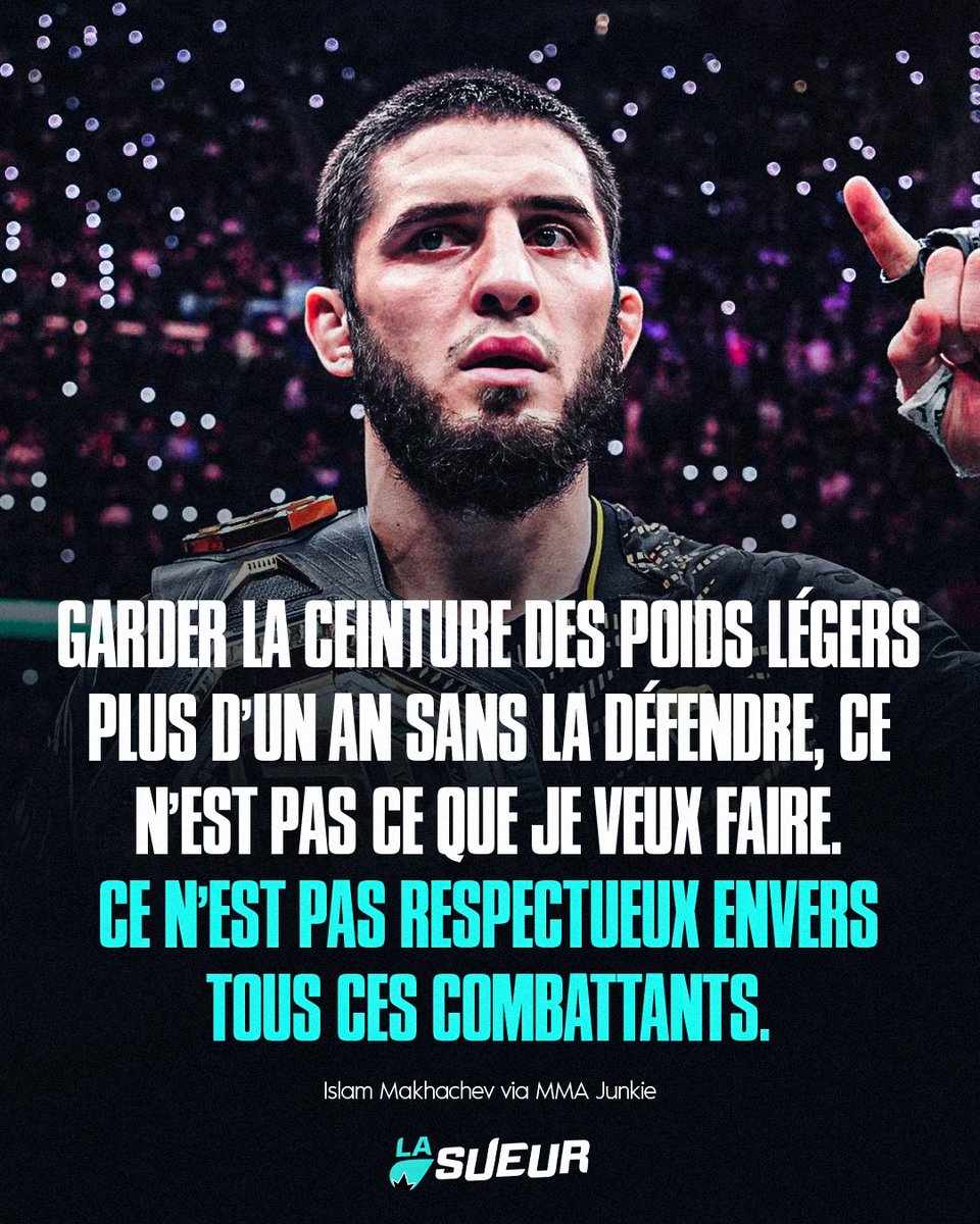 LaSueur_off's tweet photo. Islam Makhachev a abandonné sa ceinture pour ne pas bloquer la catégorie. 👏

🗣️ "Je voulais conserver ma ceinture des poids légers, mais ce n’est pas possible, parce que si je combats contre Della Maddalena en octobre ou novembre, et que le Ramadan commence en février, j’aurais gardé la ceinture des poids légers plus d’un an sans la défendre, ce n’est pas ce que je veux faire. Ce ne serait pas respectueux envers tous ces combattants."