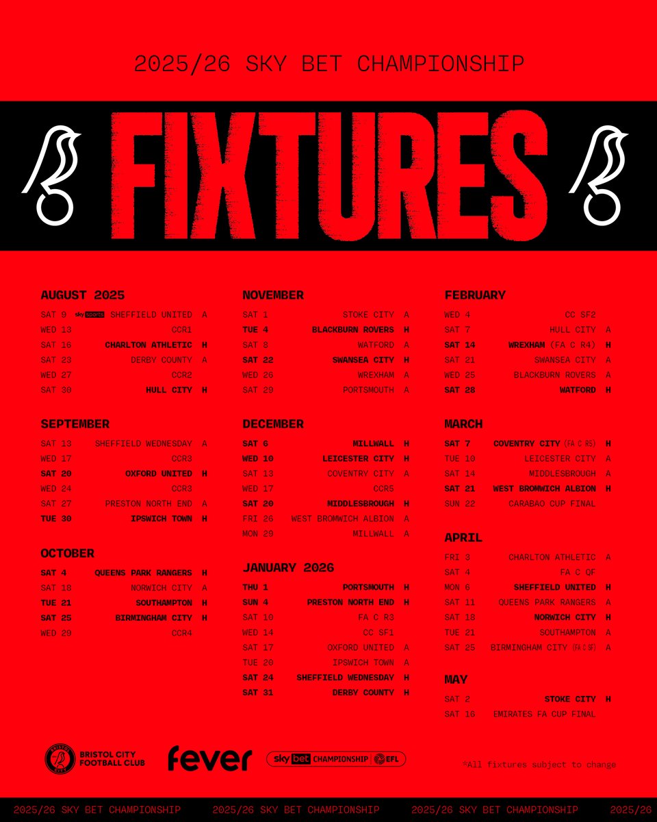 Bristol City FC (@bristolcity) on Twitter photo Our full fixture list for the 2025/26 <a href="/SkyBetChamp/">Sky Bet Championship</a> campaign! 🗓️
Which games are you most looking forward to? 🤔 Our full fixture list for the 2025/26 <a href="/SkyBetChamp/">Sky Bet Championship</a> campaign! 🗓️
Which games are you most looking forward to? 🤔