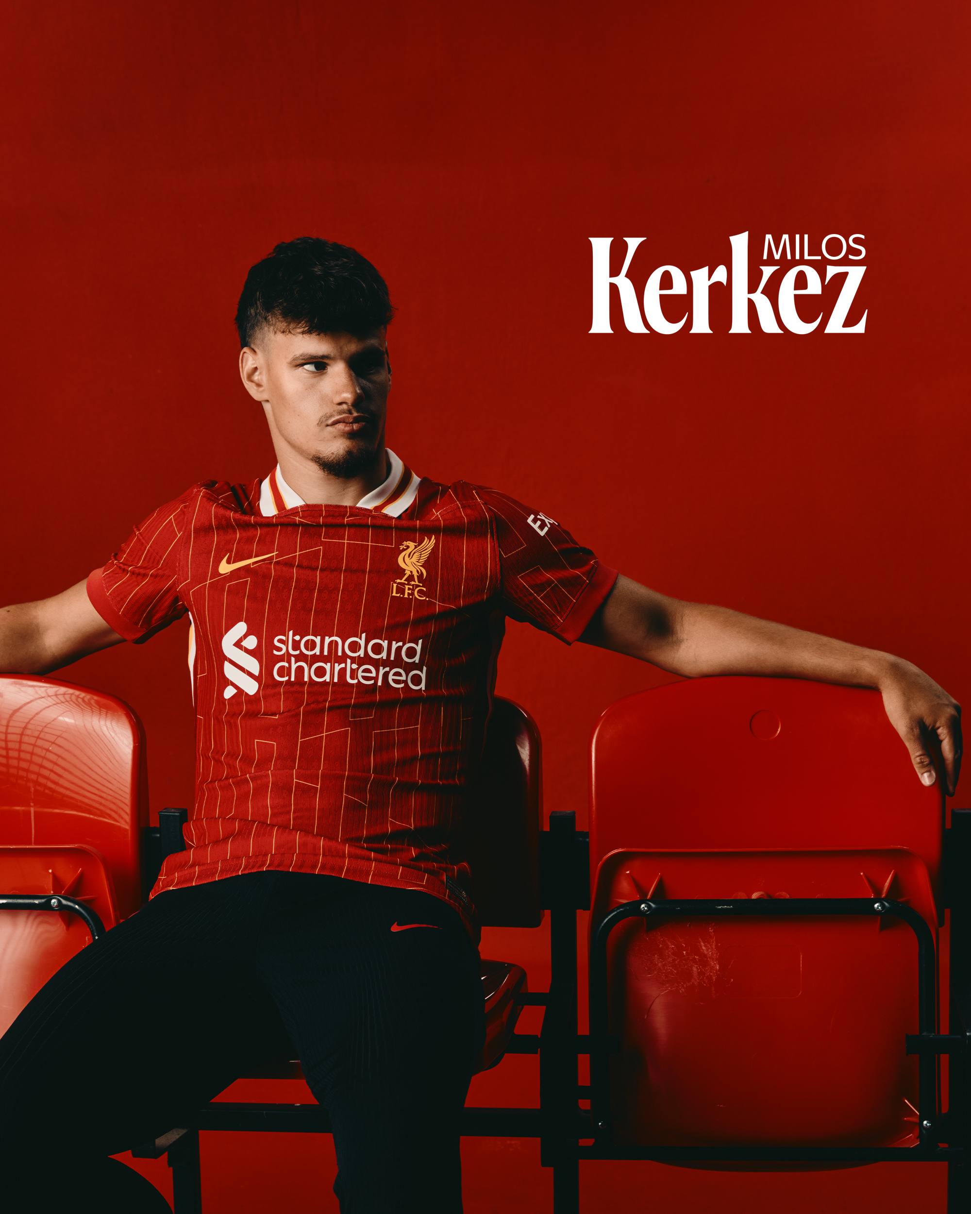 Photography of Milos Kerkez as he is announced as a Liverpool player.