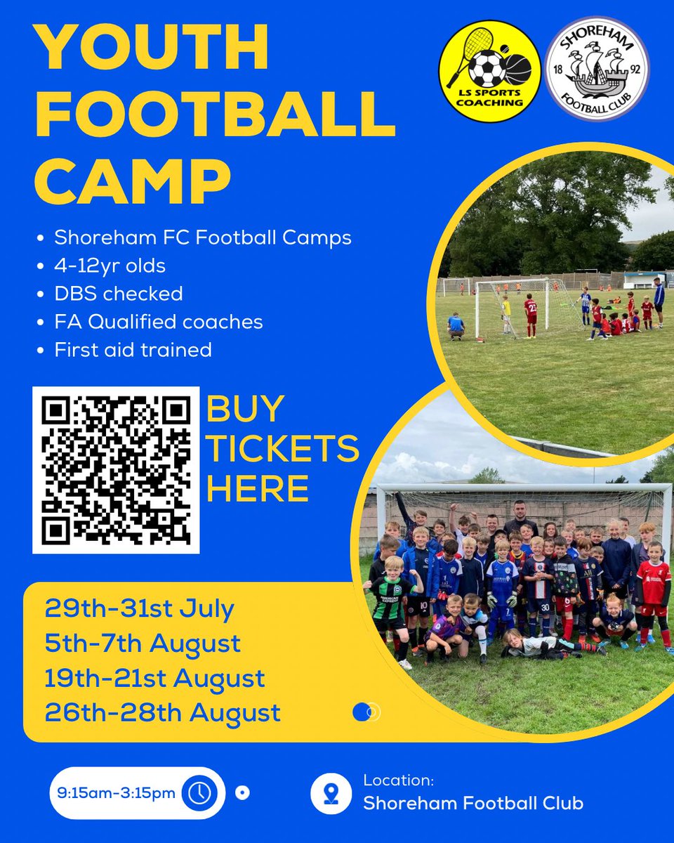 ShorehamFC's tweet photo. ⚽️🎉 Summer fun at Shoreham FC!
 Our Youth Football Camp is back and better than ever for kids aged 4–12!
 FA qualified coaches, fun games, and football-packed days from 9:15am–3:15pm! ⏰

📍 Shoreham Football Club 

🎟️ You can buy tickets here: https://t.co/pBZAKjO4j2 https://t.co/gZPij3Dq88