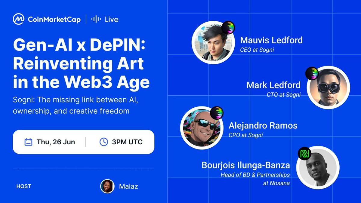[CMC Live] Gen-AI x DePIN: Reinventing Art in the Web3 Age!

📍 Set a reminder &amp; tune in at: coinmarketcap.com/community/post…

🔥 <a href="/Sogni_Protocol/">Sogni.ai</a> introduces the missing link between AI, ownership, and creative freedom. By building a creator-first platform at the intersection of AI and