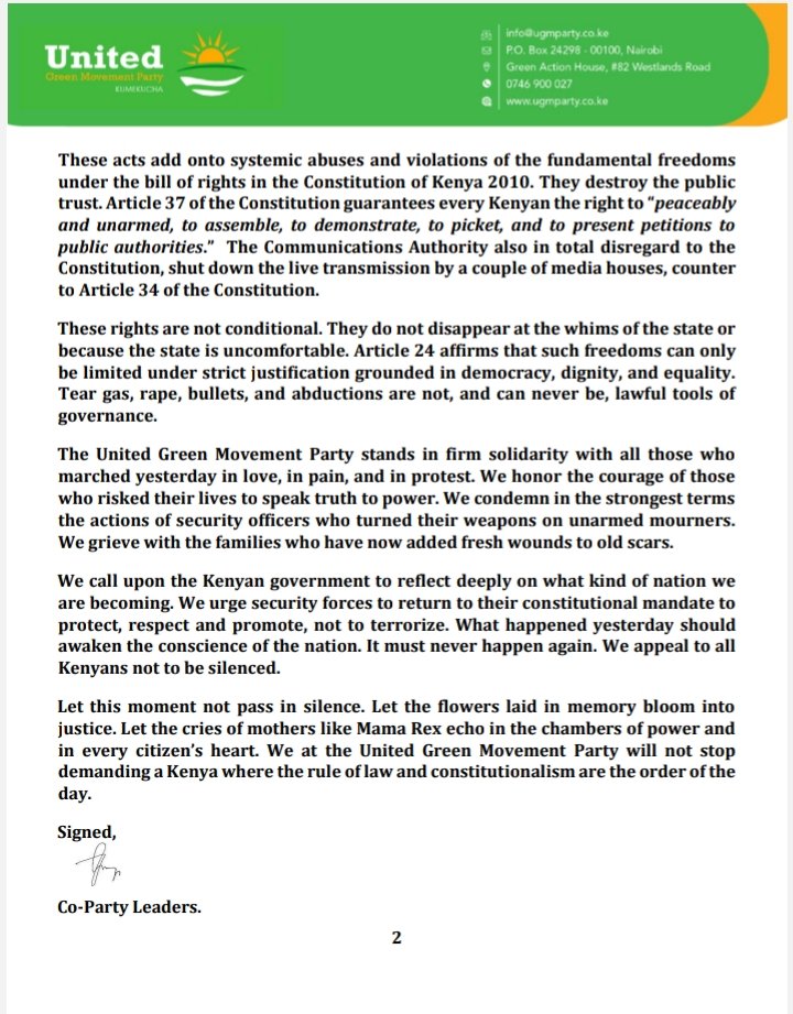 OFFICIAL STATEMENT: THE JUNE 25TH MEMORIAL MARCH &amp; POLICE BRUTALITY 

The Greens strongly condemn the brutality &amp; violence by the police on unarmed Kenyans witnessed yesterday.

Our hearts go out to fellow Kenyans who were beaten, abducted, raped and killed for speaking truth to