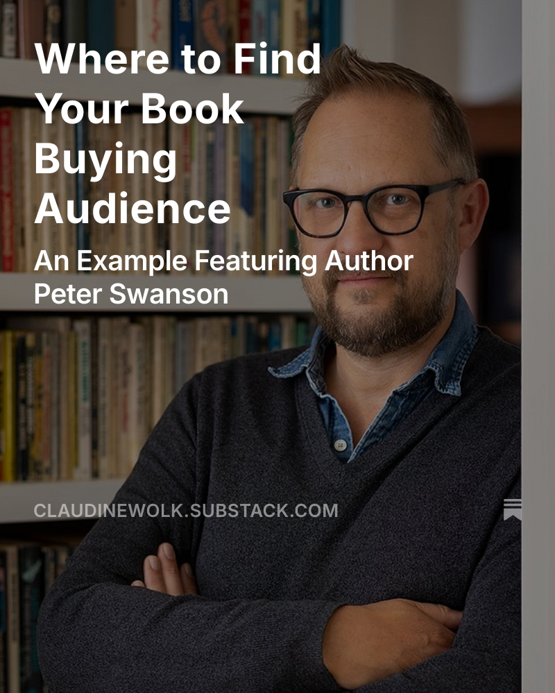 ClaudineWolk2's tweet image. New Post: Where to Find Your Book Buying Audience #authorhelp  #peterswanson #killyourdarlings
#howtomarketabook #authormarketingtips open.substack.com/pub/claudinewo…