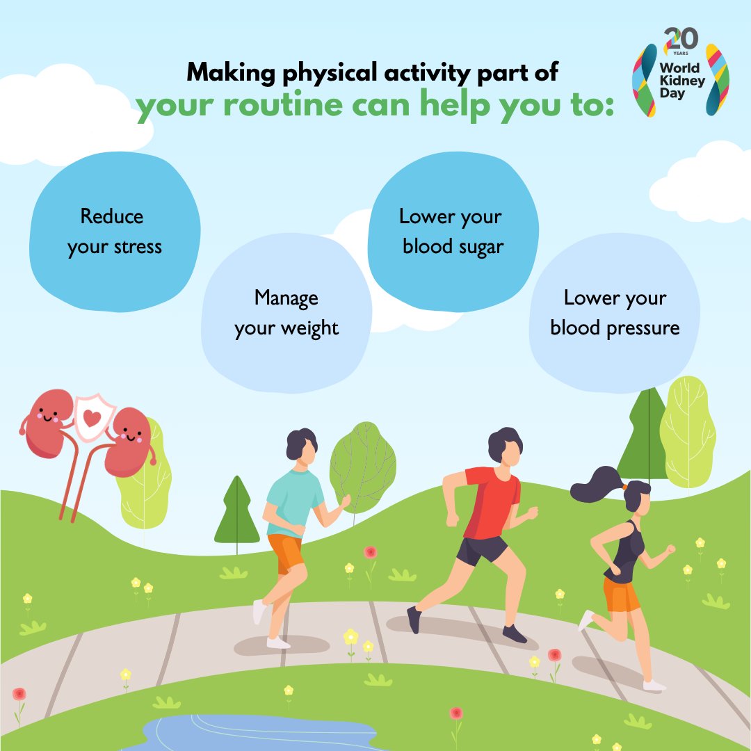 #PhysicalActivity supports better health for people with #KidneyDisease. If you're not active, ask your doctor what types of exercise are right for you. 

Learn more 💡 worldkidneyday.org/facts/take-car…

#WorldKidneyDay #AreYourKidneysOK #KidneyHealthMatters