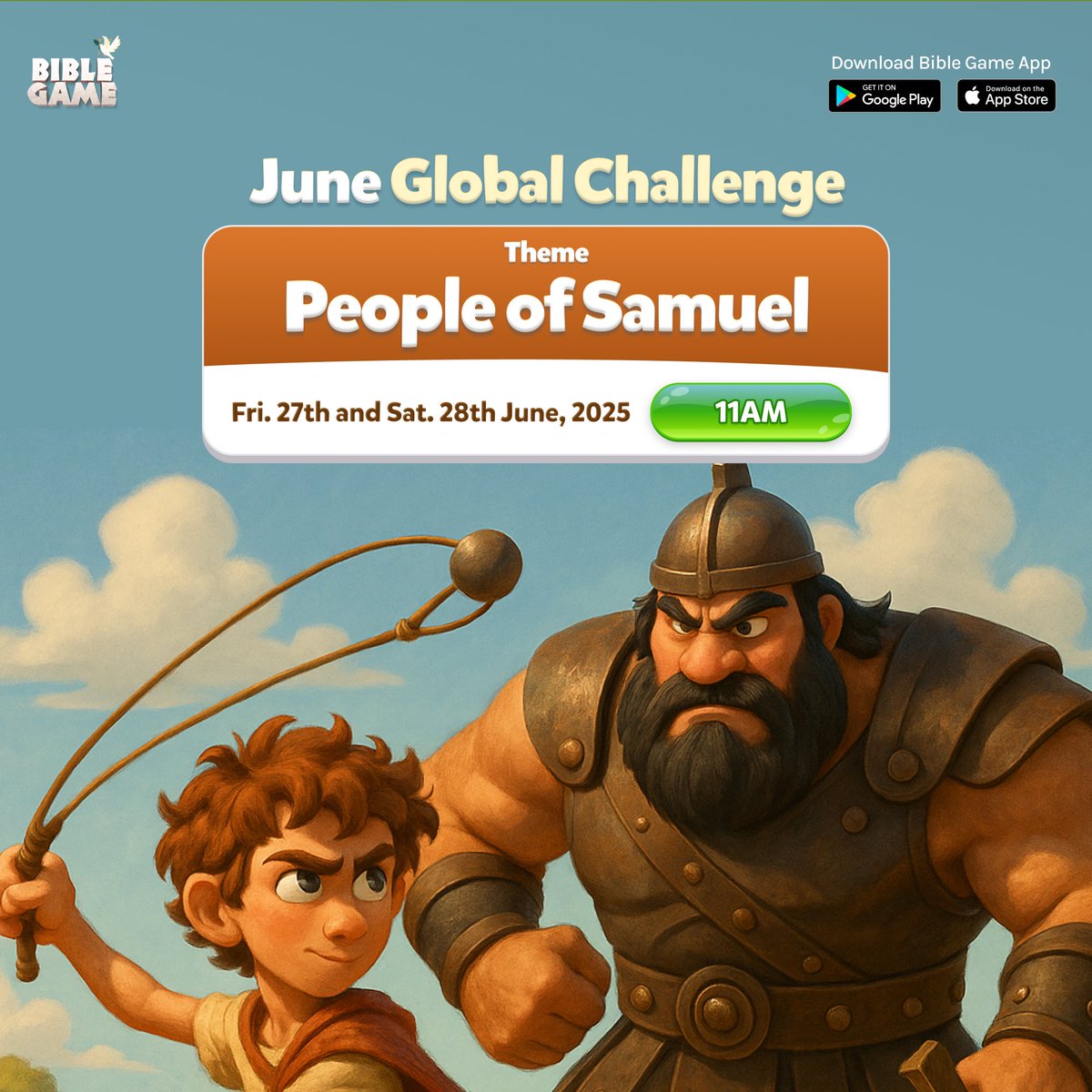 OurBibleGame's tweet image. Who’s Who in the Book of Samuel?
Find out in this month’s Global Challenge!
Starting Tomorrow 11:00AM
From prophets to kings, warriors to worshippers, test your knowledge in a fun, interactive way!
Join the challenge on the Bible Game App – Available on Google Play & App Store