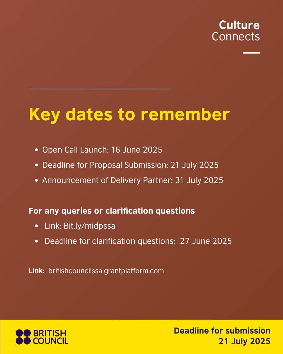 📢 Call for Applications!

We are seeking an experienced delivery partner for Art Exchange: #MovingImage (2025–2027) across 10 SSA countries.

Open Call: 16 June 2025

Deadline: 21 July 2025

For Queries: bit.ly/midpssa

Apply: britishcouncilssa.grantplatform.com

#BCArtsSSA