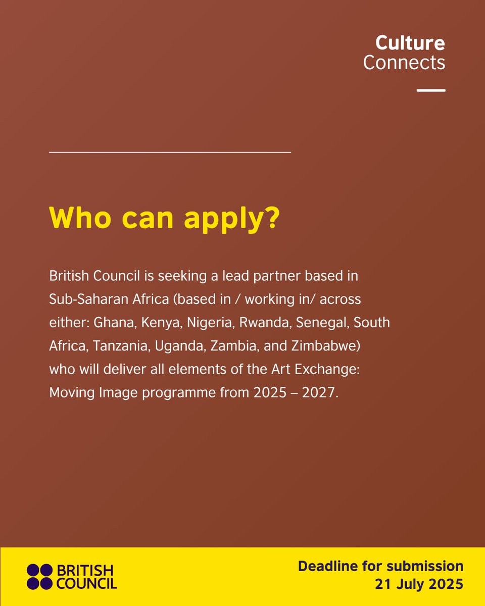 📢 Call for Applications

We are seeking an experienced delivery partner for Art Exchange: #MovingImage (2025–2027) across 10 SSA countries.

Open Call: 16 June 2025

Deadline: 21 July 2025

For Queries: bit.ly/midpssa

Apply: britishcouncilssa.grantplatform.com

#BCArtsSSA