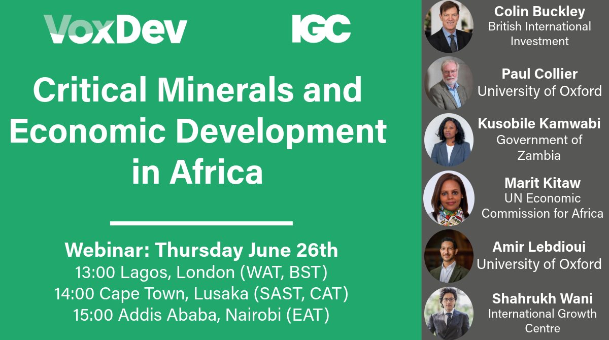 VoxDev (@vox_dev) on Twitter photo ā³Starting in 1 hour!
Critical Minerals & Economic Development in Africa w/ <a href="/The_IGC/">International Growth Centre</a>
Colin Buckley <a href="/BritishIntInv/">British International Investment</a>, Paul Collier <a href="/BlavatnikSchool/">Blavatnik School of Government</a>, Kusobile Kamwambi <a href="/ZambiaPDU/">Presidential Delivery Unit Zambia</a>, <a href="/maritkitaw/">Marit Kitaw</a> <a href="/ECA_OFFICIAL/">ECA</a>, <a href="/Amirlbd/">Amir Lebdioui</a> <a href="/OxfordTMCD/">TIDE centre, University of Oxford</a> join <a href="/ShahrukhWani/">shahrukh wani</a>.
Register: cepr-org.zoom.us/webinar/regist⦠ā³Starting in 1 hour!
Critical Minerals & Economic Development in Africa w/ <a href="/The_IGC/">International Growth Centre</a>
Colin Buckley <a href="/BritishIntInv/">British International Investment</a>, Paul Collier <a href="/BlavatnikSchool/">Blavatnik School of Government</a>, Kusobile Kamwambi <a href="/ZambiaPDU/">Presidential Delivery Unit Zambia</a>, <a href="/maritkitaw/">Marit Kitaw</a> <a href="/ECA_OFFICIAL/">ECA</a>, <a href="/Amirlbd/">Amir Lebdioui</a> <a href="/OxfordTMCD/">TIDE centre, University of Oxford</a> join <a href="/ShahrukhWani/">shahrukh wani</a>.
Register: cepr-org.zoom.us/webinar/registā¦