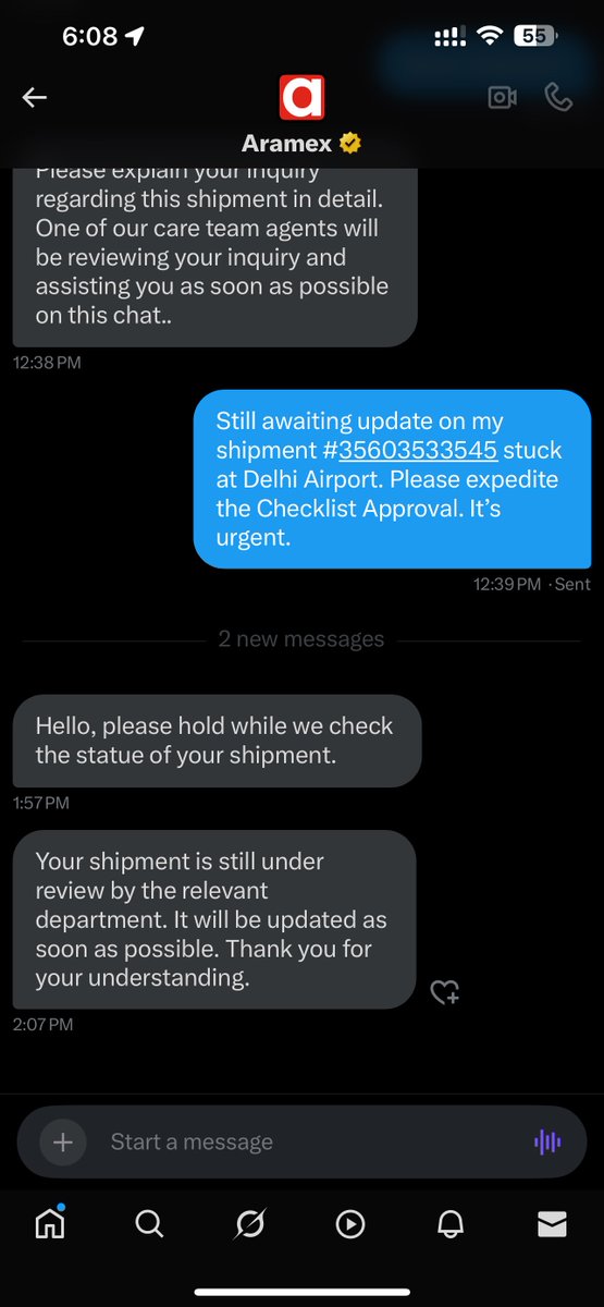 imtiyaz_idrees's tweet image. @Aramex @AramexIndia
Shipment #35603533545 sent from Riyadh to India is still stuck at Delhi Airport for over a week.
No update even after multiple follow-ups.
Checklist Approval pending — urgent parcel, please escalate and resolve immediately.
#DelayedShipment #CustomsDelay