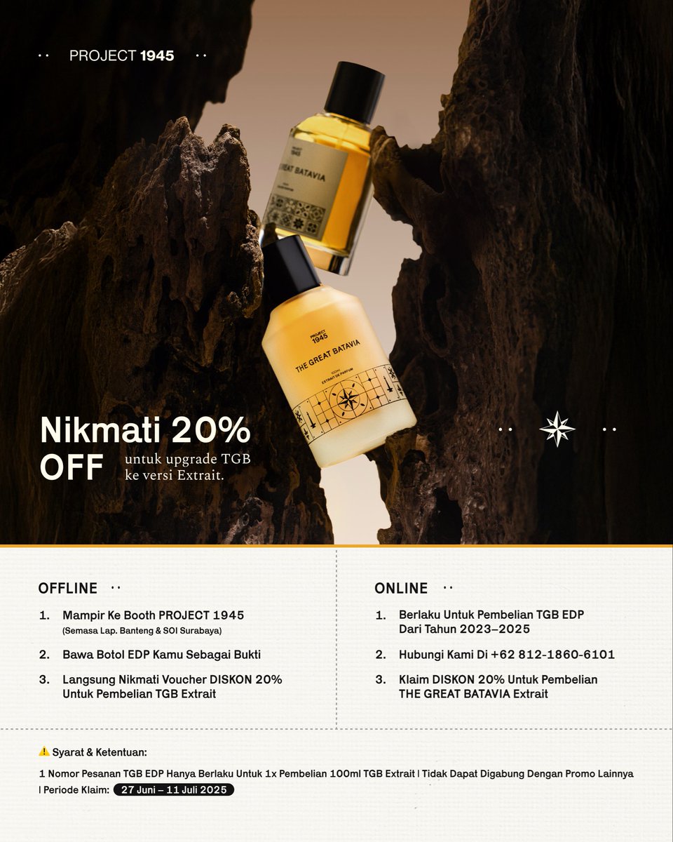 The Great Batavia Extrait de Parfum resmi hadir.
Lebih pekat, lebih tahan, dan lebih bermakna.

🕛 Diluncurkan malam ini pukul 00.00 di seluruh marketplace.

 🔁 Upgrade dari TGB EDP? Nikmati 20% OFF khusus pembelian Extrait.

#TheGreatBatavia #TGBExtrait #Project1945