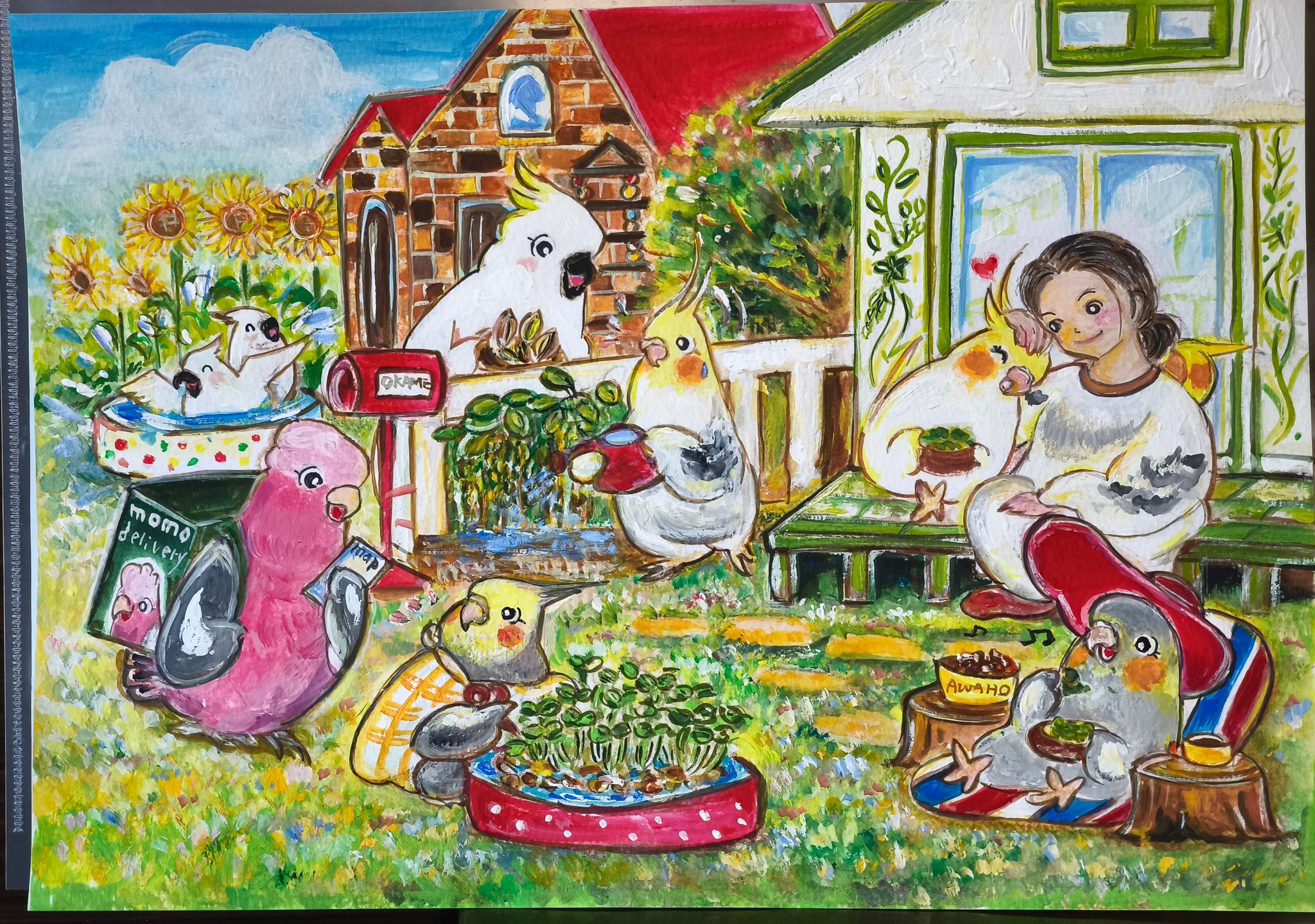 油絵 はち 小鳥さんのかくれんぼ その1 かくれる鳥 油絵 はち様専用