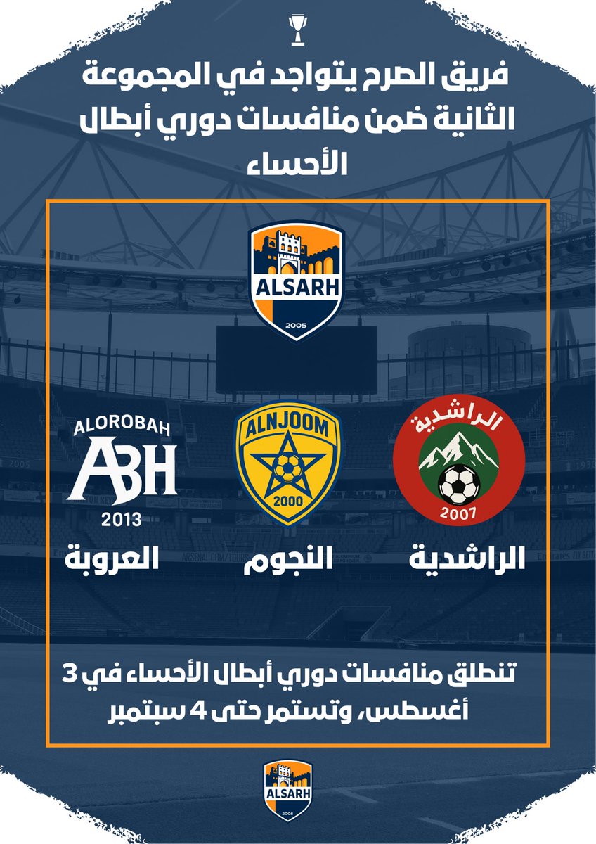 ALSARH2005's tweet photo. يشارك فريق الصرح في المجموعة الثانية من دوري أبطال الأحساء، إلى جانب فرق الراشدية، النجوم، والعروبة. وتنطلق منافسات الدوري في 3 أغسطس وتستمر حتى 4 سبتمبر. https://t.co/pDebz6G9EI