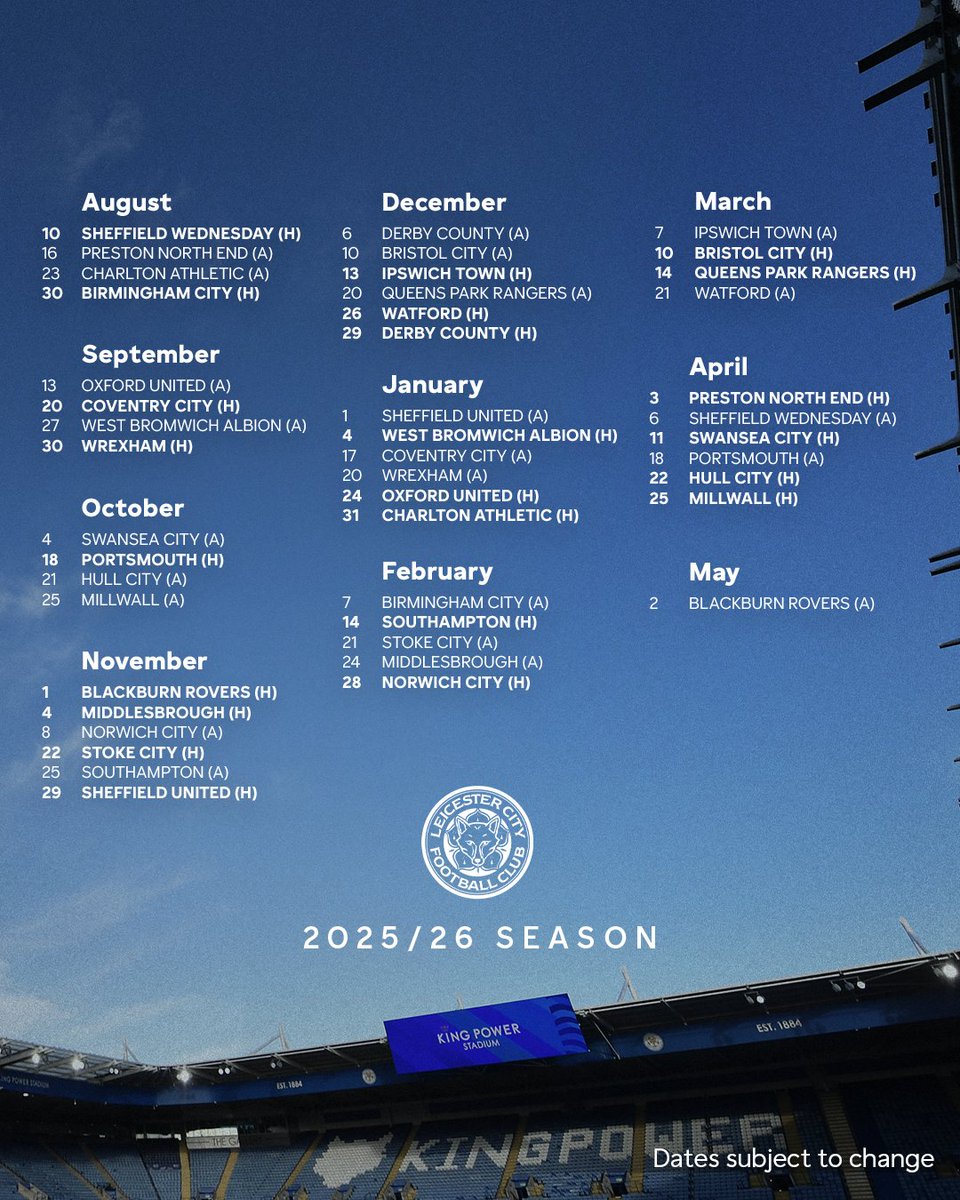 Leicester City (@lcfc) on Twitter photo Our <a href="/SkyBetChamp/">Sky Bet Championship</a> fixtures have been released! ๐
We start off at home to Sheffield Wednesday. Our <a href="/SkyBetChamp/">Sky Bet Championship</a> fixtures have been released! ๐
We start off at home to Sheffield Wednesday.