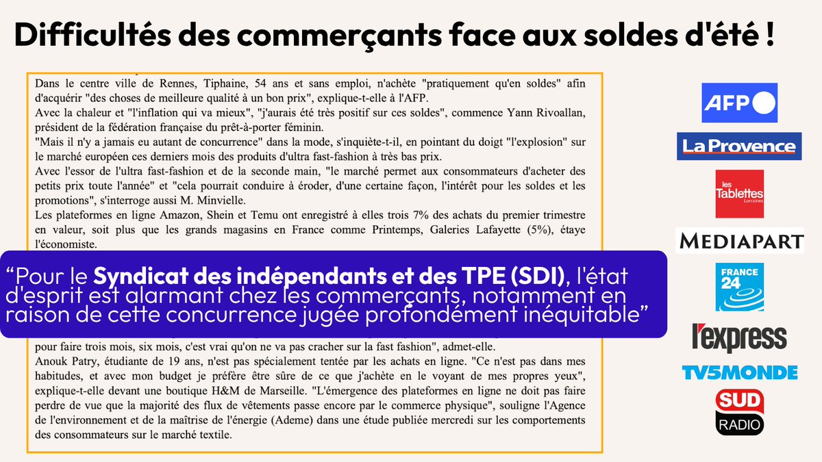 Syndicat des Indépendants et des TPE (@sdi_fr) on Twitter photo 🗞️ L'Agence France Presse (<a href="/afpfr/">Agence France-Presse</a>) a diffusé une dépêche reprenant les chiffres de notre enquête sur les soldes d'été 2025.
De nombreux journaux comme <a href="/SudRadio/">Sud Radio</a>, <a href="/TablettesLorrN/">Tablettes Lorraines</a>, <a href="/FRANCE24/">FRANCE 24</a>, <a href="/laprovence/">La Provence</a>, <a href="/TV5MONDE/">TV5MONDE</a>, <a href="/Mediapart/">Mediapart</a>, <a href="/LEXPRESS/">L'Express</a> l'ont reprise.
Découvrez les résultats👇 🗞️ L'Agence France Presse (<a href="/afpfr/">Agence France-Presse</a>) a diffusé une dépêche reprenant les chiffres de notre enquête sur les soldes d'été 2025.
De nombreux journaux comme <a href="/SudRadio/">Sud Radio</a>, <a href="/TablettesLorrN/">Tablettes Lorraines</a>, <a href="/FRANCE24/">FRANCE 24</a>, <a href="/laprovence/">La Provence</a>, <a href="/TV5MONDE/">TV5MONDE</a>, <a href="/Mediapart/">Mediapart</a>, <a href="/LEXPRESS/">L'Express</a> l'ont reprise.
Découvrez les résultats👇