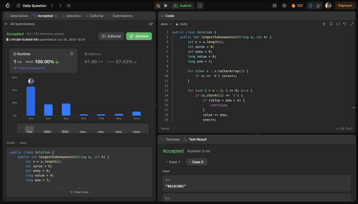 ayush_kumarrai's tweet photo. Tried solving Leetcode 2311 using DP at first, but it got messy and inefficient real quick. Switched to a greedy approach instead — counted zeros and added 1s from the end only if the binary value stayed ≤ k. Way faster and cleaner. Final solution passed all test cases in 4ms https://t.co/Y9DQey2tAc