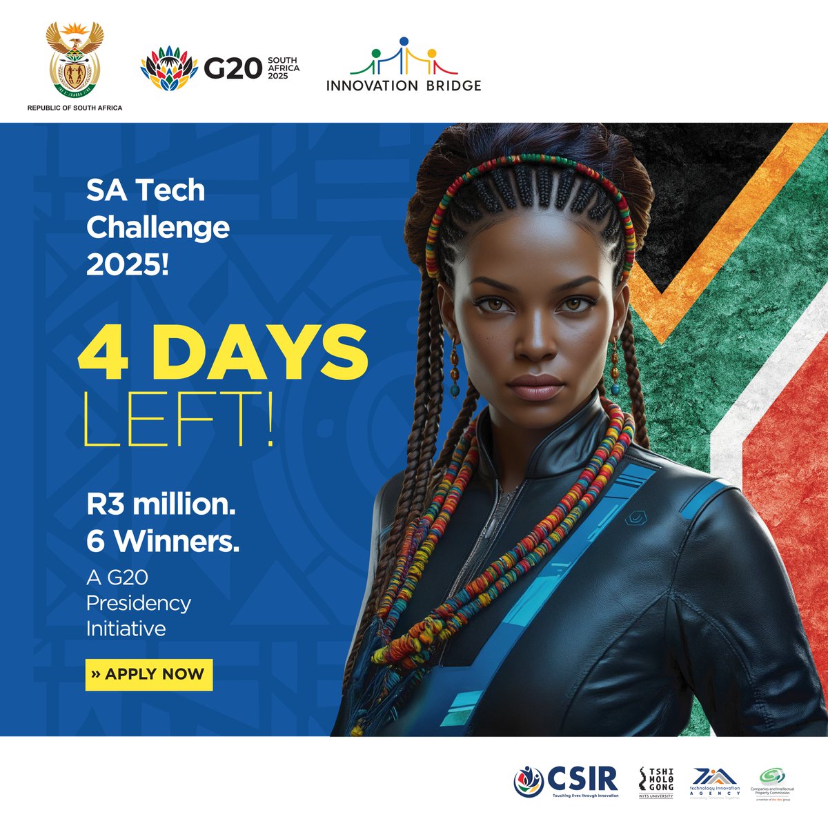 bridge_portal's tweet image. Just 4 days left to apply for #SATechChallenge2025!
SA tech SMMEs don’t miss your chance for global exposure &amp;amp; support.
Deadline: 30 June 2025
satechchallenge.co.za
#SAInnovation #TechForGood #G20DIA #SMMEs #StartupSupport #DigitalInnovation #CountdownToDeadline