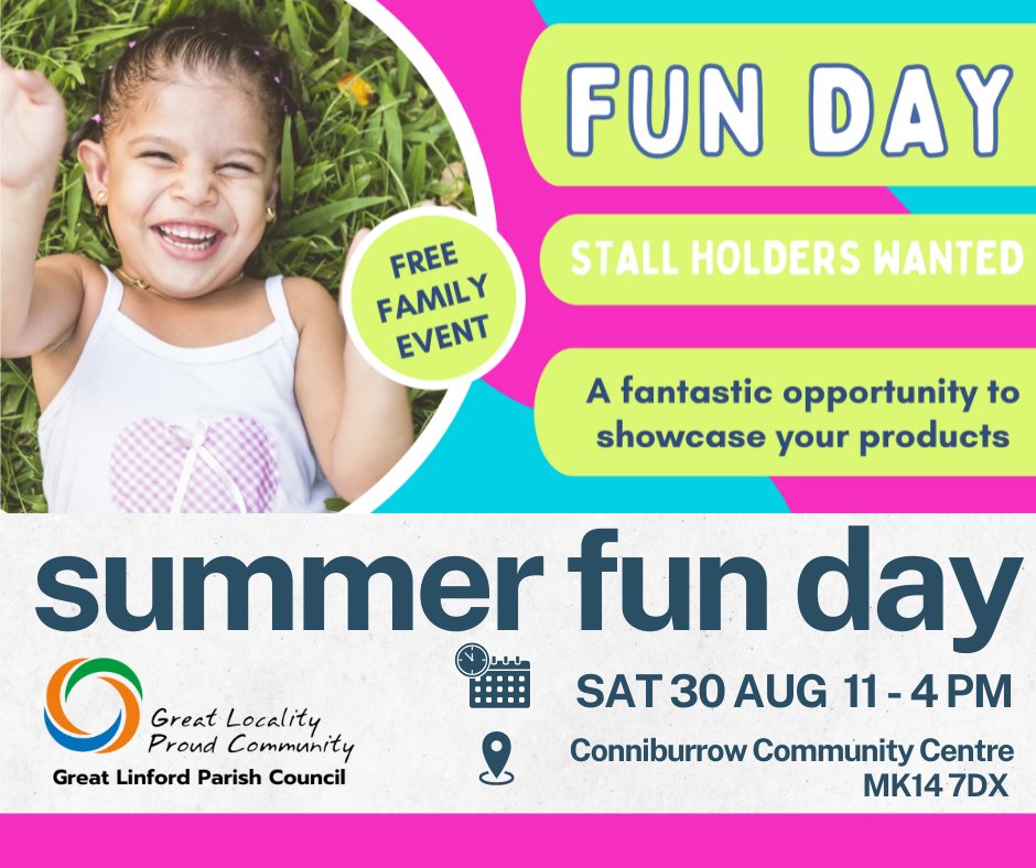 GreatLinfordPC's tweet image. 📣 STALLHOLDERS WANTED! 🎪

We're looking for local makers, creatives, community groups, and small businesses to be part of our Fun Day on Saturday 30th August!

👉 forms.office.com/e/QHFJdXwG8i

#GreatLinfordFunDay #SupportLocal #MKEvents #StallholdersWanted #CommunityEvent