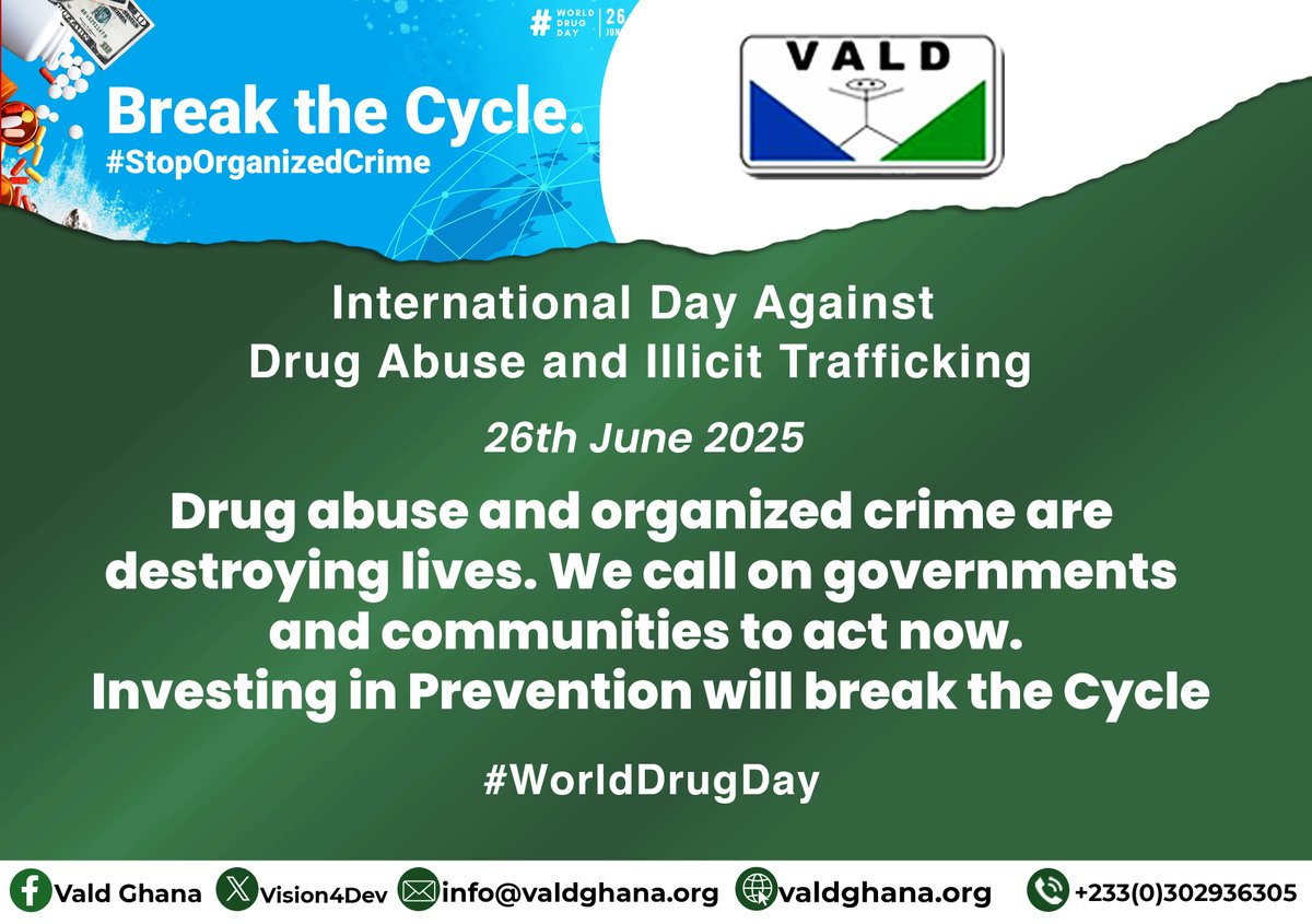 Vision4Dev's tweet image. Drug abuse fuels organized crime and harms our society, Let Act now by investing in prevention.
#WorldDrugDay